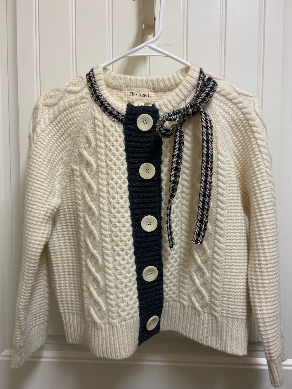 Anthropologie The Reeds 100% Wool Cream Cable Knit Cardigan with Contrast Trim